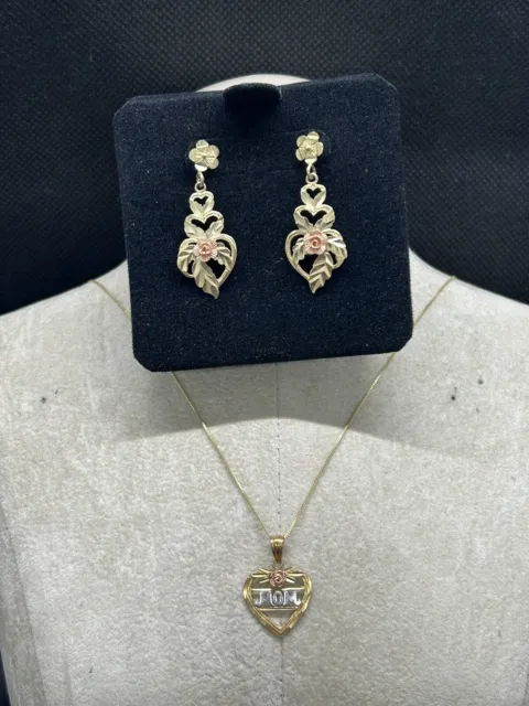 Black Hills Gold Style 10k Triple Heart Rose Drop Earrings & Necklace Beautiful
