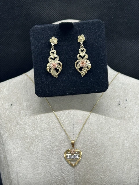 Black Hills Gold Style 10k Triple Heart Rose Drop Earrings & Necklace Beautiful