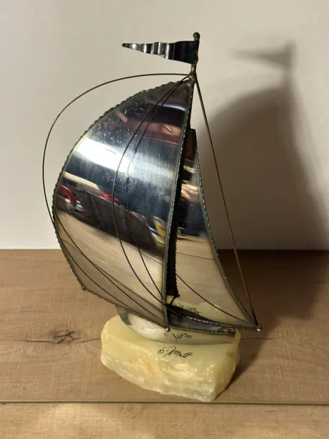 Vintage Signed John DeMott Brass Metal Sailboat Sculpture Quartz Onyx Bass Art