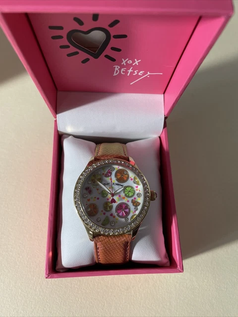 Betsey Johnson Citrus Party Rhinestone Bling Gold tone watch iridescent band NEW