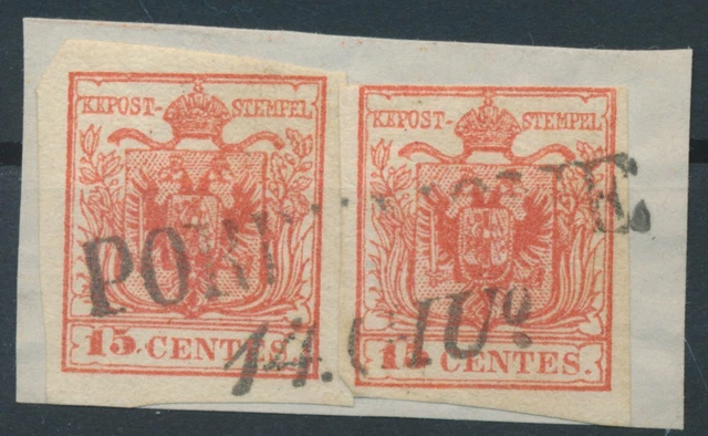 LOMBARDEI-VENETIEN 1850 2*15C auf Briefstück, Interessante Schnitte! PORDENONE