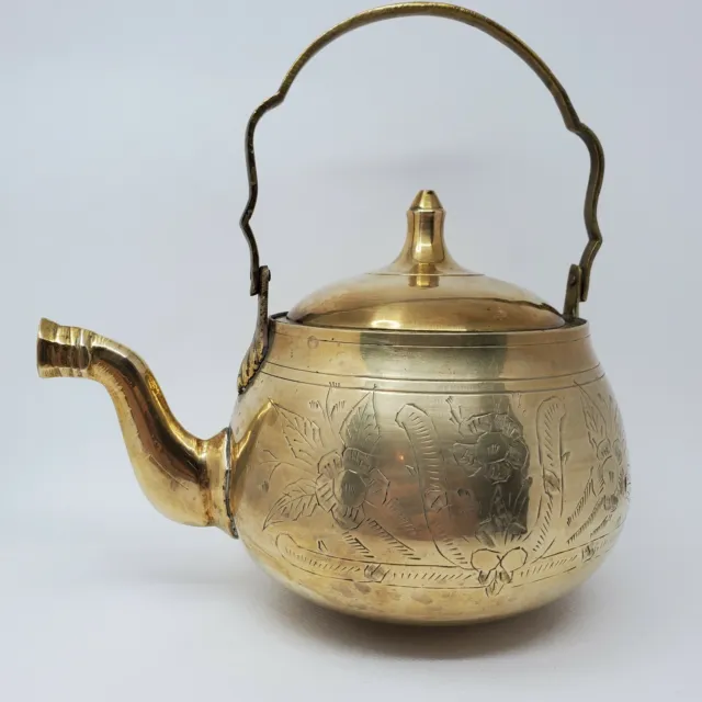 Vintage Brass Teapot Made in India Ornate Etched Floral Engraved Heavy Beautiful