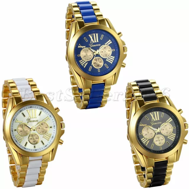 Luxury Mens Gold Tone Stainless Steel Band Analog Quartz Wrist Watch Gift