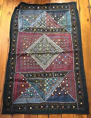 Vtg Handmade India Colorful Embroidered Mirror Wall Hanging Tapestry 37.5"x58.5"