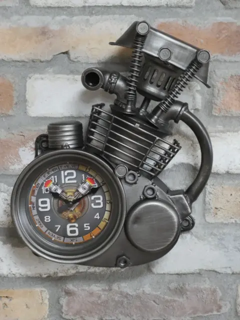 Motorcycle Wall Clock Metal Repro Engine Body Piston Hands 32cm Industrial