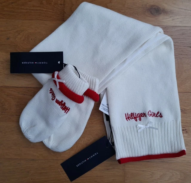 Set sciarpa e guanti per bambini Tommy Hilfiger bianchi taglia L/XL nuovi con etichette