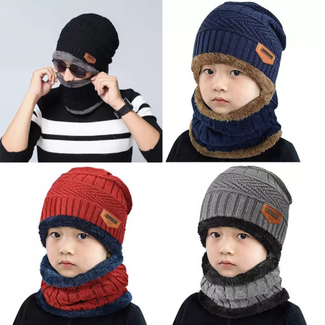 Men Women Kids Beanie Warm Hat Scarf Neck Cover Set Winter Ski Knitted Thick Cap