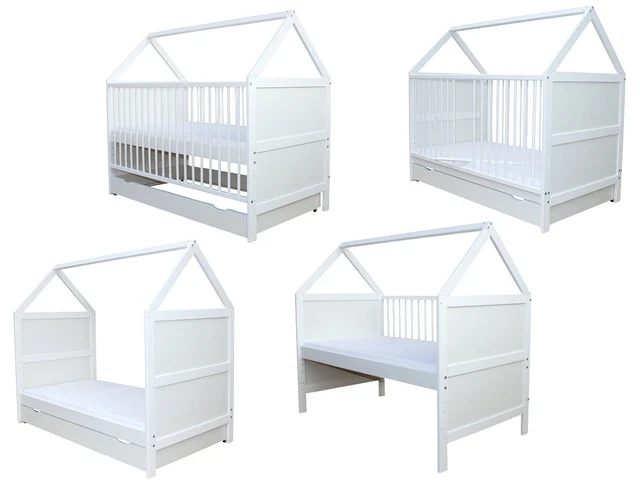Babybett Kinderbett Juniorbett Haus 140x70cm mit Matratze und Schublade weiss