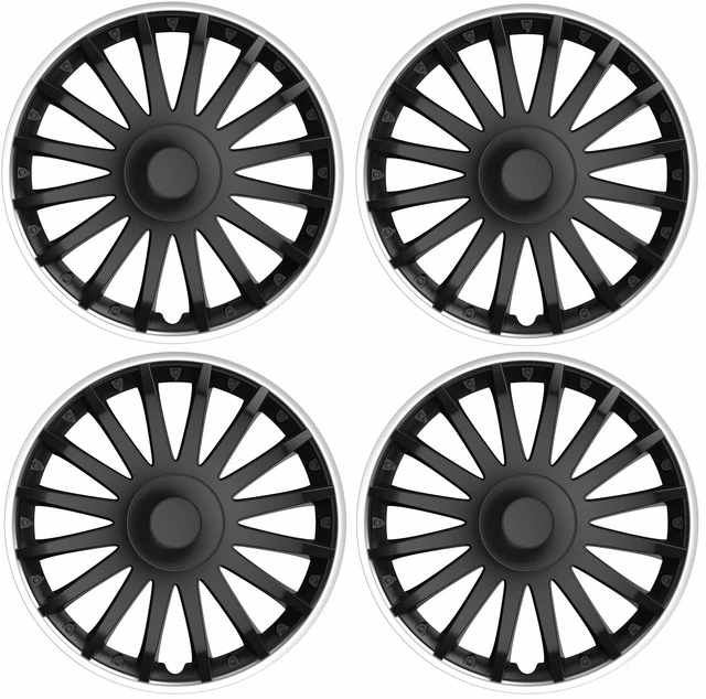 4x Wheel Trims Hub Caps 15" Covers in Black with Silver Rim