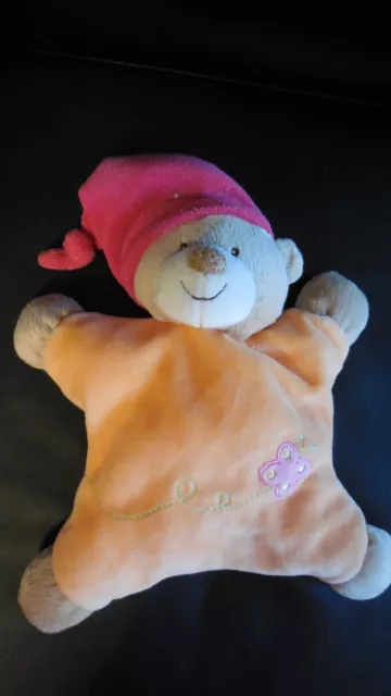 doudou semi plat ours orange bonnet rouge brodé papillon NATTOU
