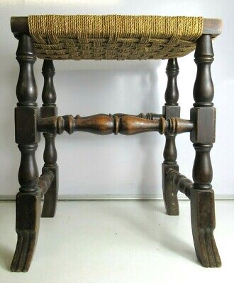 Antique Victorian Attractive Oak Rattan Top Stool Worked Turned 2