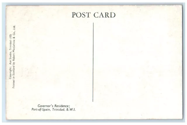 c1940's Governor's Residence Port of Spain Trinidad and Tobago BWI Postcard 2