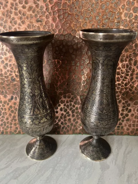 A Vintage Pair Of Brass Ornate Indian Vases/Candlsticks 21cm Tall