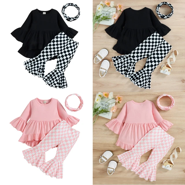 Abiti per bambine a maniche lunghe camicia top a quadretti pantaloni svasati set fascia