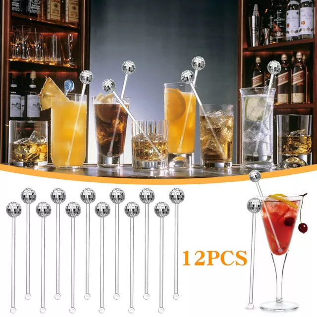 12pcs Mirror Discos Ball Stirrers Beverage Stir Sticks Plastic Round Top Swiz SC
