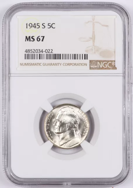 1945-S Jefferson Silver War Nickel 5C NGC MS67 Bright White!