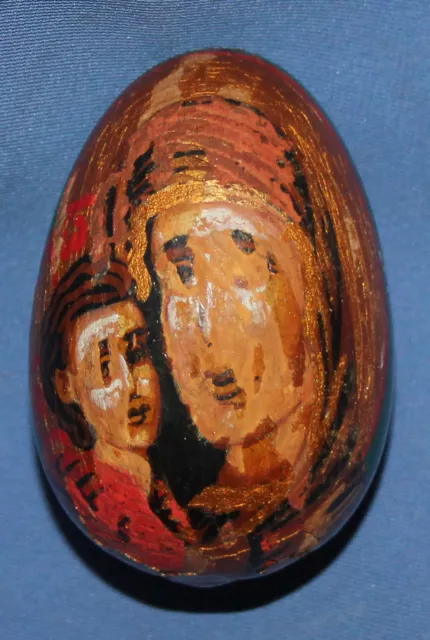 Vintage Hand Painted Wood Easter Egg The Virgin Mary And Baby Jesus