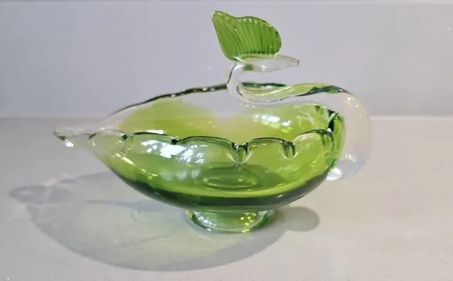 Green Swan Art Glass Hand Blown Swan Dish-Green-Clear -VGC-Trinket Bowl-Vintage