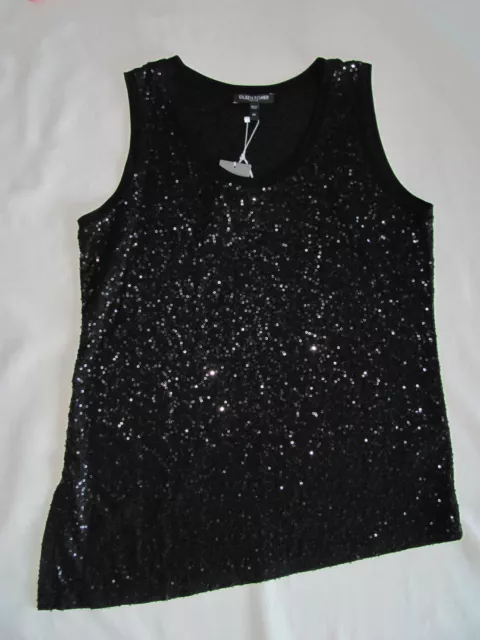 Eileen Fisher Scoop Neck Tank/Top-Silk Sequin Stretch-Black-Petite P -NWT $298