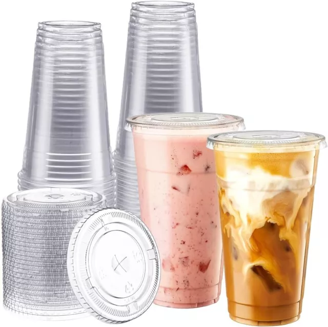 100 Sets (24oz) Disposable Crystal Clear Plastic Cups with Flat Lids and Straws