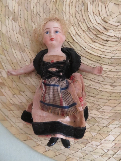 Ancienne Poupée Mignonnette Bébé Allemand Biscuit Corps Tissu – Style Kewpie 14 Cm
