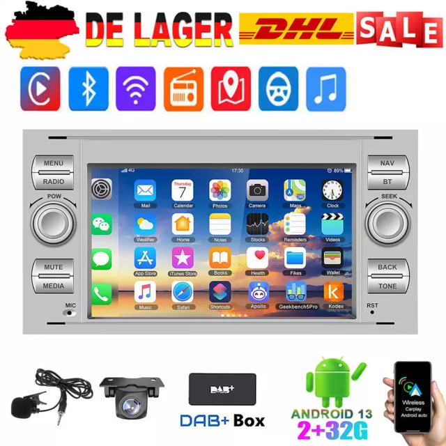 DAB+ Android 13 Autoradio Carplay GPS Navi Für Ford Focus C S Max Transit Fiesta