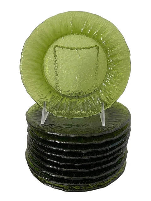SET (10) Morgantown CRINKLE OLIVE GREEN 7.25" Salad Plates Pressed Glass SET (10) Morgantown CRINKLE OLIVE GREEN 7.25" Salad Plates Pressed Glass