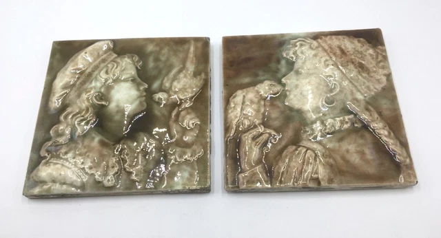 2 Victorian Majolica Glazed Embossed Figural Tiles-Trent Tile Co Trenton NJ USA