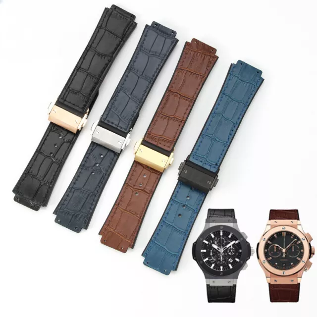 Genuine Leather Rubber Bamboo Straps Mens Watch Band 19x26mm Fit Hublot Big Bang