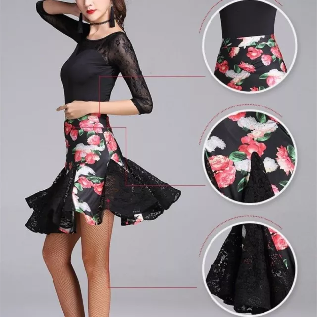 Ladies Latin Dance Floral Lace Fishtail Skirt Dress Salsa Tango Ballroom Rumba