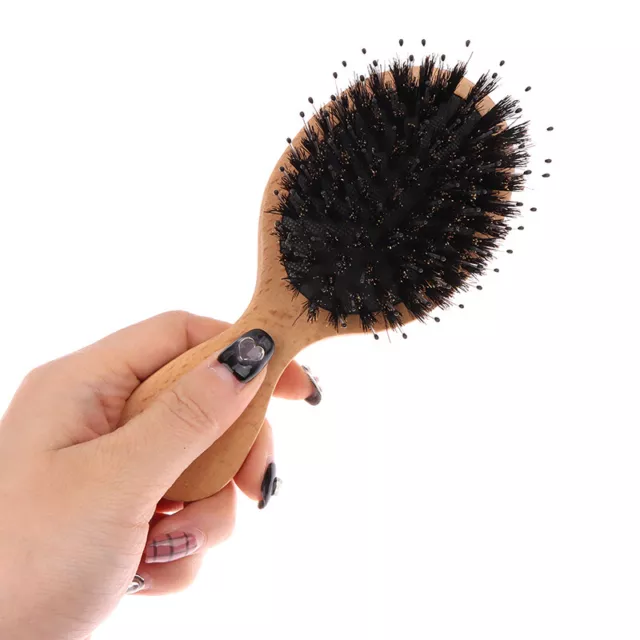 Natural Boar Bristle Oval Hair Brush Comb Head Scalp Massage Beech Wood Handle