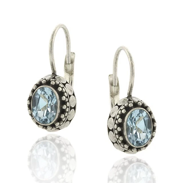 Boucles D'Oreilles Créoles Argent Sterling Topaze Bleue & Diamant - 22mm, Neuf