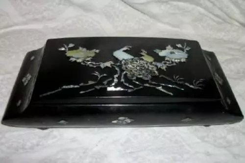 Chinoiserie Inlay Mop Peacock Floral Box Paper Mache Wood Black Lacquer Vintage