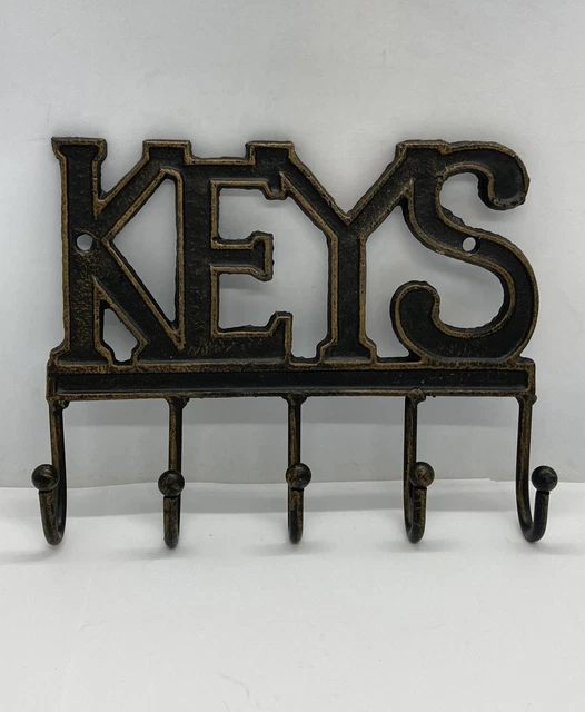 Vintage Cast Iron Wall Mount Key Holder with 5 Metal Hooks "KEYS" 7.5”x6”