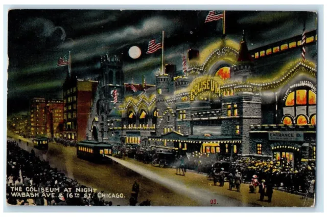 1914 The Coliseum At Night Wabash Ave. & 16th St. Chicago Illinois IL Postcard