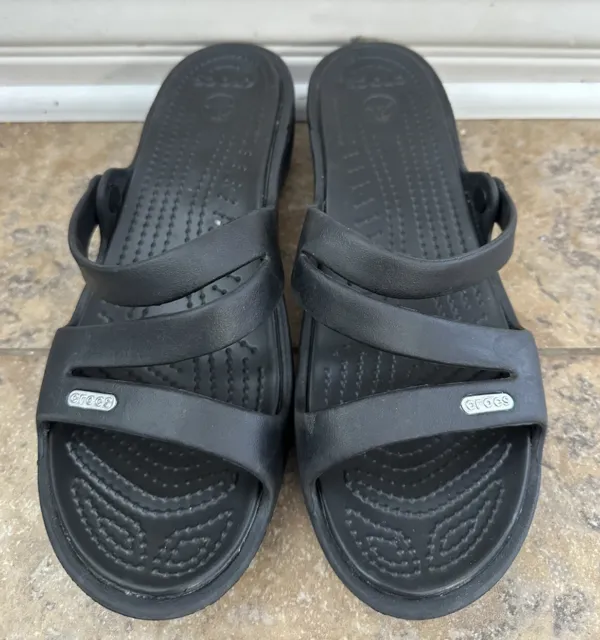 Crocs Patricia Black Wedge Strappy Slide Sandals Shoes 10386 Womens Size 9 3