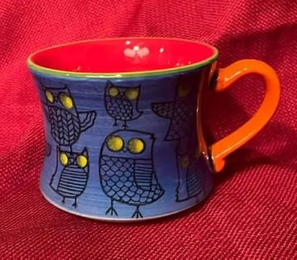 Pier One 1 Imports Owl Mug Blue Coffee Mug Tea Cups Stackable Orange 8 oz 3"