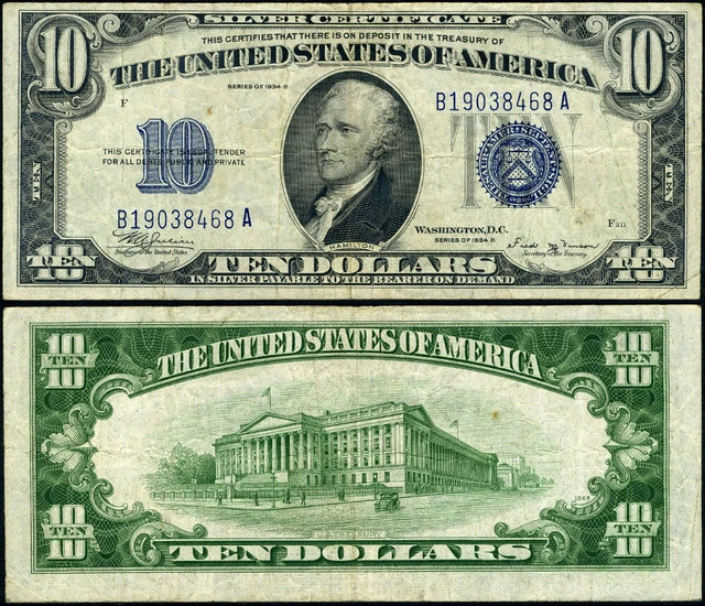 FR. 1703 $10 1934-B Silver Certificate B-A Block VF