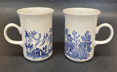 Asian Style Blue and White Pair of Ceramic Cups Made in England 4.25" Cup Mug