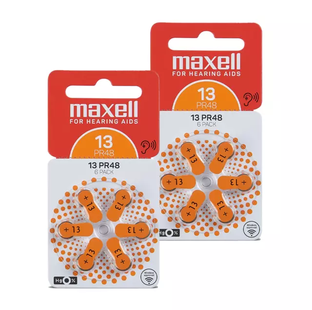 6 Maxell Size 13 PR48 Hearing Aid Batteries 1.45V Zink Air Mercury free 6 pack