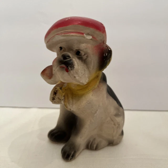 Vintage 1940-50's Chalkware Carnival Prize Bulldog W/Hat & Pipe 6”X4”