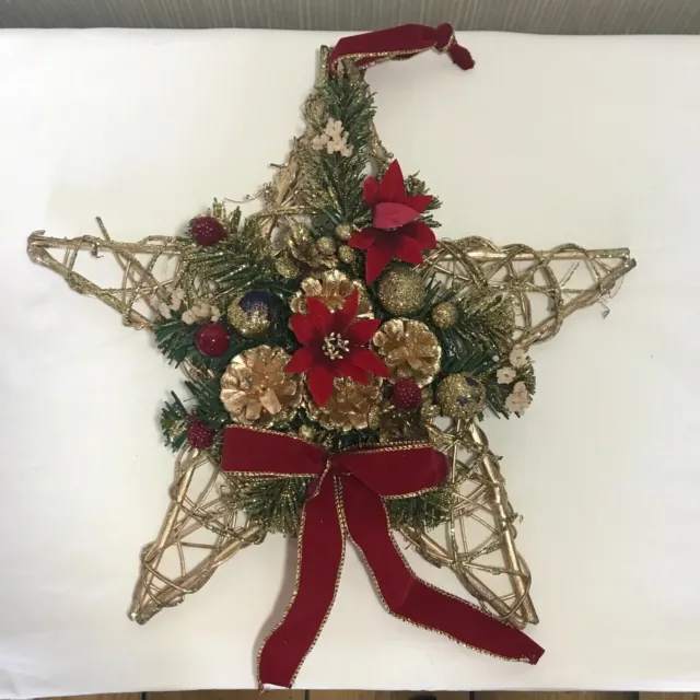 Vintage Christmas Star Kitsch Hanging Decoration Gold Red Poinsettia Bow Retro