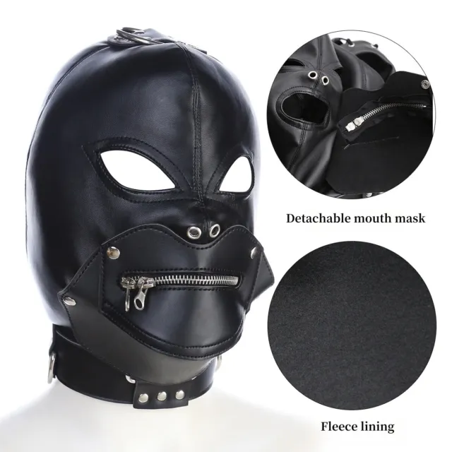 Zipper Mask Full Head Hood Eye Opening Face Mask Leather Men Women Cosplay Prop