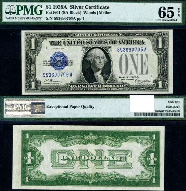 FR. 1601 $1 1928-A Silver Certificate S-A Block Gem PMG CU65 EPQ