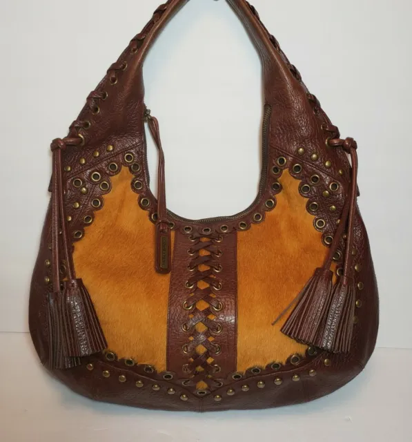 Isabella Fiore Hendrix Studded Dijon Leather Hair On Shoulder Handbag Hobo $895