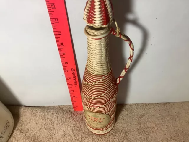 Vintage Plastic Rose Wicker Wrapped Wine Bottle '64 Spanish Rose Spain Bar Décor 2