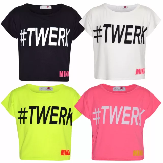 Bambine New Stagione " # Twerk " Top Corto Stampa T Shirt 7 8 9 10 11 12 13 Anni