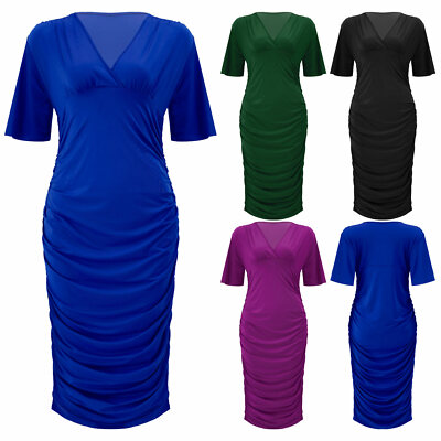 Women Flare Sleeve Bodycon Dress Ladies Casual Ruched Waist V Neck Dresses Plus