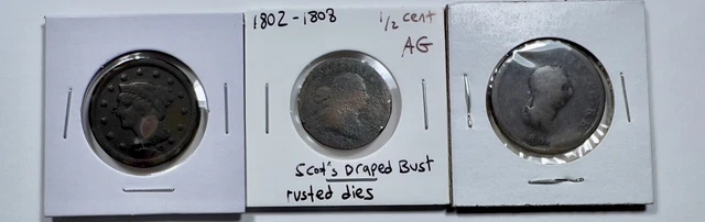 3 Old Copper Coins: 1806 Half Penny, Draped Bust 1/2 Cent, 1849 Large Cent Holed
