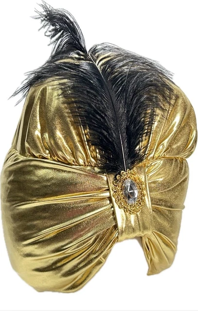 GOLD METALLIC GENIE Turban Hat With Feather And Jewel Costume USA ...